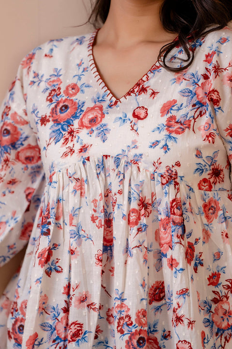 Women White Floral Printed V-Neck Peplum Tunic