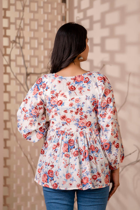 Women White Floral Printed V-Neck Peplum Tunic