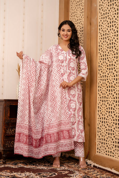 Women Mauve Floral Printed Straight Kurta And Trouser With Dupatta