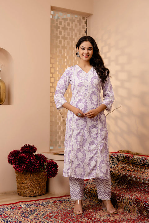 Women Lavender Floral Printed Straight Kurta And Trouser With Dupatta