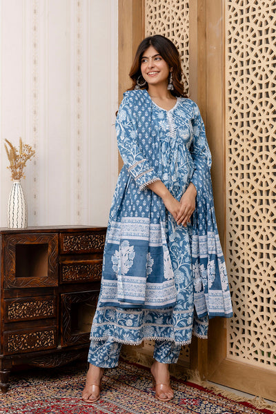 Women Blue Floral Printed Anarkali Kurta And Trouser With Dupatta