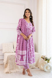 Women Mauve Floral Printed Anarkali Kurta And Trouser With Dupatta