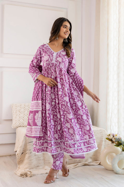 Women Mauve Floral Printed Anarkali Kurta And Trouser With Dupatta