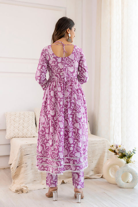 Women Mauve Floral Printed Anarkali Kurta And Trouser With Dupatta