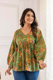 Women Green Printed V-Neck Peplum Tunic