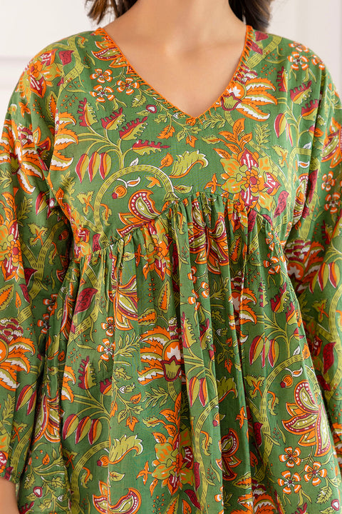 Women Green Printed V-Neck Peplum Tunic