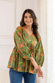 Women Green Printed V-Neck Peplum Tunic