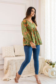 Women Green Printed V-Neck Peplum Tunic