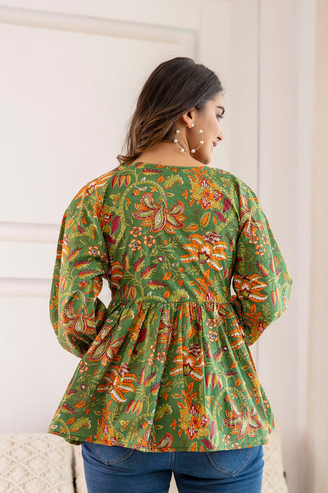 Women Green Printed V-Neck Peplum Tunic