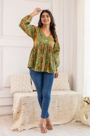 Women Green Printed V-Neck Peplum Tunic