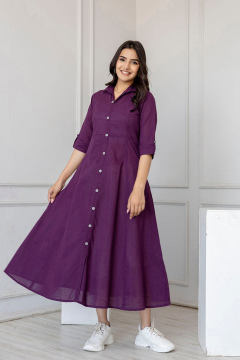 Women Purple Solid Flared Dress With Three quarter Sleeves