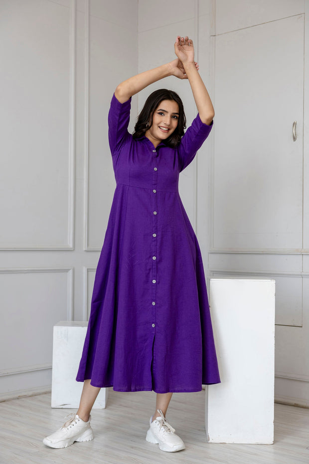 Women Purple Solid Flared Dress With Three quarter Sleeves