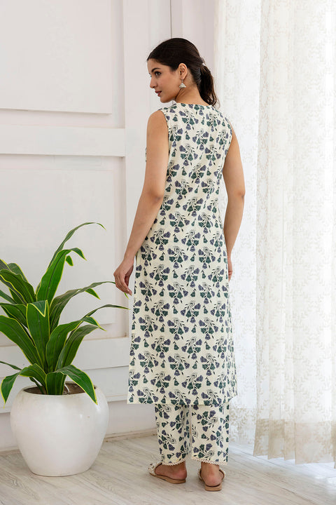 Women Off White Printed Straight Kurta With Trouser