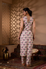 Women Off White Printed Straight Kurta With Trouser