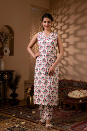 Women Off White Printed Straight Kurta With Trouser