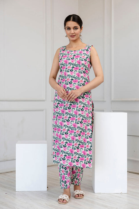 Women Off White and Pink Printed Straight Kurta With Trouser