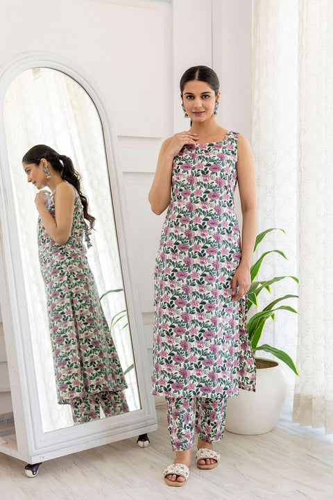 Women Off White and Purple Printed Straight Kurta With Trouser