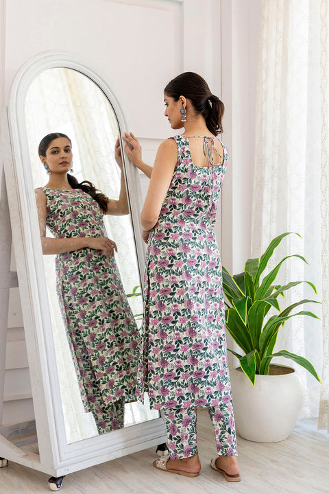 Women Off White and Purple Printed Straight Kurta With Trouser