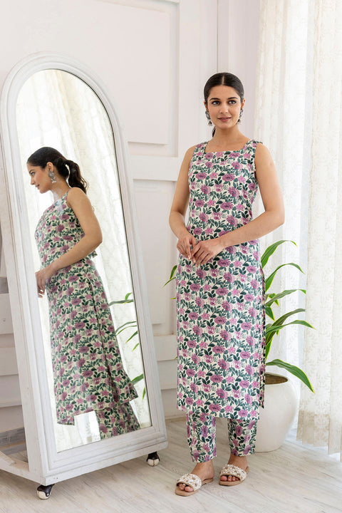 Women Off White and Purple Printed Straight Kurta With Trouser