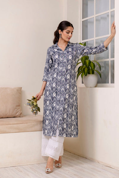 Women Grey Printed Straight Shirt Collar Kurta