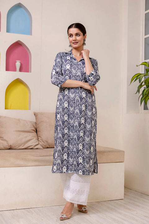 Women Grey Printed Straight Shirt Collar Kurta