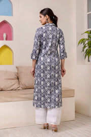 Women Grey Printed Straight Shirt Collar Kurta