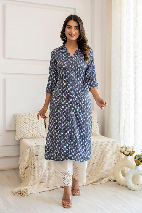 Women Blue Grey Printed Straight Shirt Collar Kurta