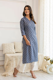 Women Blue Grey Printed Straight Shirt Collar Kurta