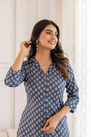 Women Blue Grey Printed Straight Shirt Collar Kurta