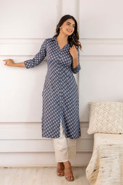 Women Blue Grey Printed Straight Shirt Collar Kurta