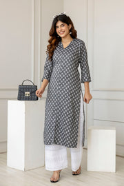 Women Grey Printed Straight Shirt Collar Kurta