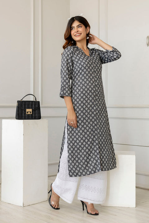 Women Grey Printed Straight Shirt Collar Kurta