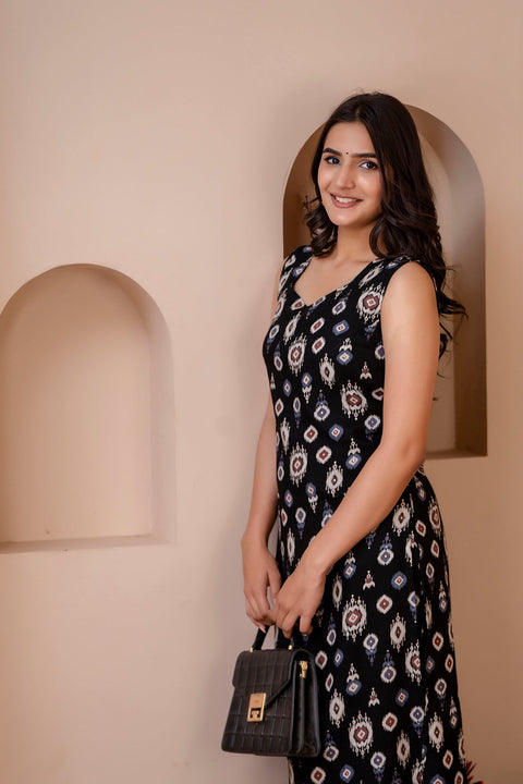 Women Black Printed Straight Kurta With Trouser