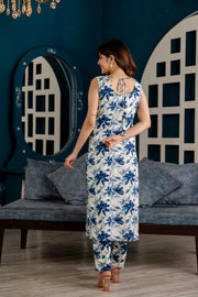 Women Blue and Off White Printed Straight Kurta With Trouser