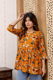 Women Mustard Printed V-Neck Peplum Tunic