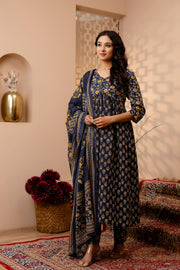 Women Grey Floral Printed Anarkali Kurta And Trouser With Dupatta