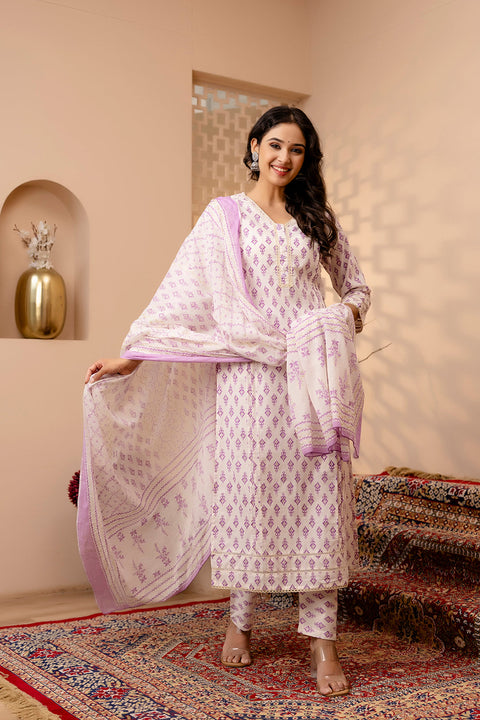 Women White and Purple Printed Straight Kurta And Trouser With Dupatta