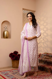 Women White and Purple Printed Straight Kurta And Trouser With Dupatta