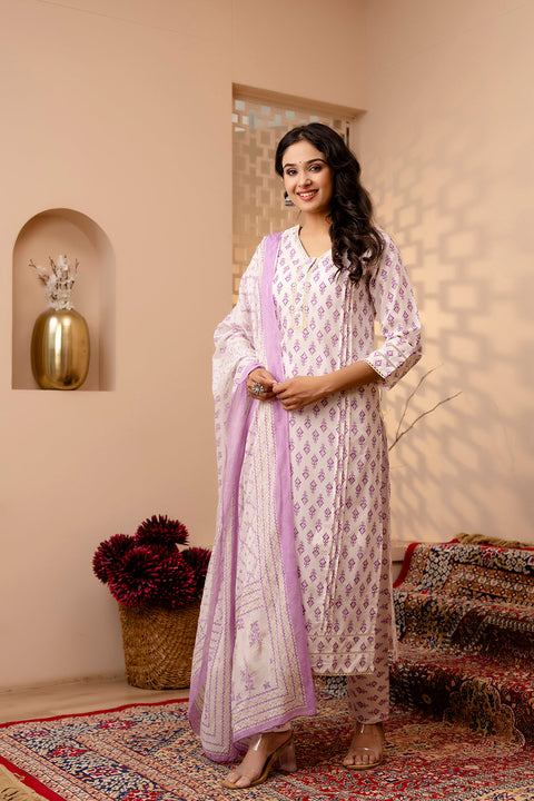 Women White and Purple Printed Straight Kurta And Trouser With Dupatta