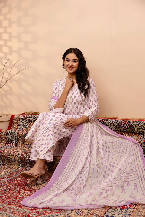 Women White and Purple Printed Straight Kurta And Trouser With Dupatta