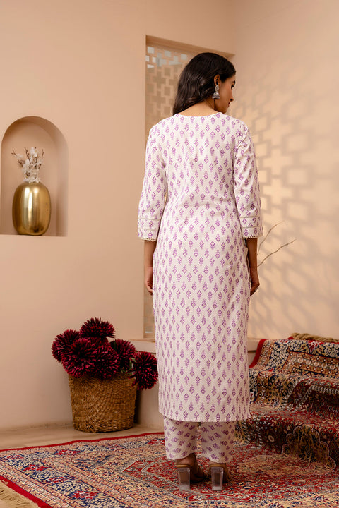 Women White and Purple Printed Straight Kurta And Trouser With Dupatta