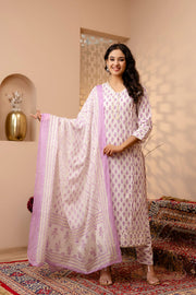 Women White and Purple Printed Straight Kurta And Trouser With Dupatta