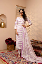 Women White and Purple Printed Straight Kurta And Trouser With Dupatta