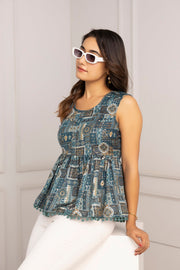 Women Teal Blue Printed Peplum Tunic