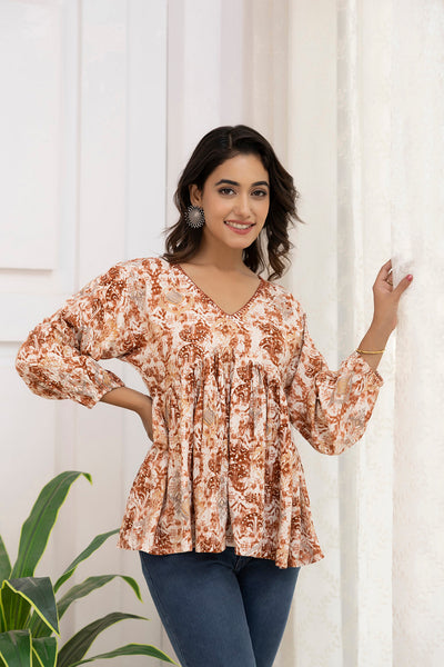 Women Rust Printed Peplum Tunic