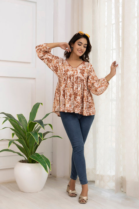 Women Rust Printed Peplum Tunic