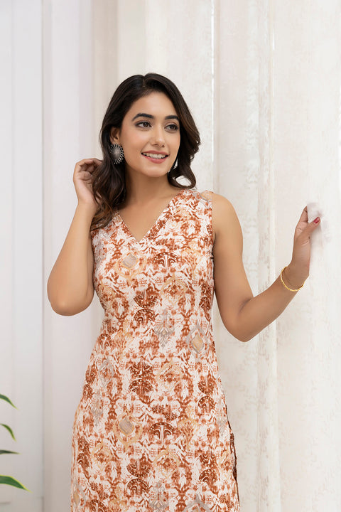 Women Rust and Off White Printed Straight Kurta With Trouser