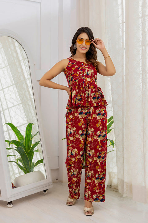 Women Maroon Printed Co-Ord set