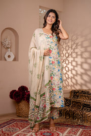 Women Beige Floral Printed Straight Kurta With Trouser And Dupatta