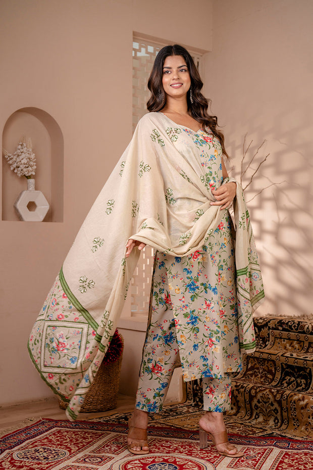 Women Beige Floral Printed Straight Kurta With Trouser And Dupatta